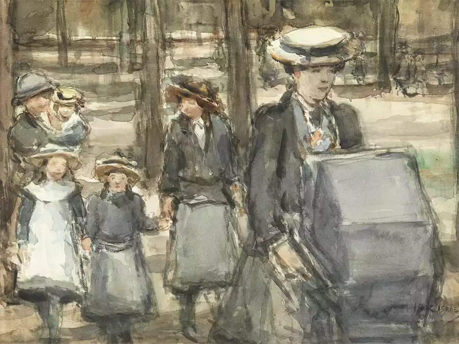 Aquarell von Mutter mit Kindern im Bois de Boulogne in Paris