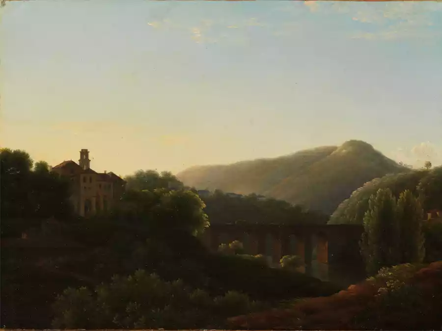 Landschaftsgemälde von Jean-Joseph-Xavier Bidauld mit einer Brücke.