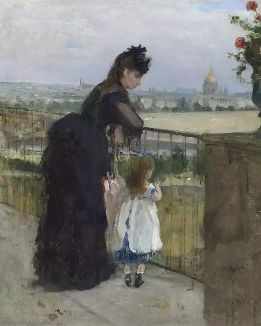 Reproduktion von Frau und Kind auf dem Balkon von Berthe Morisot