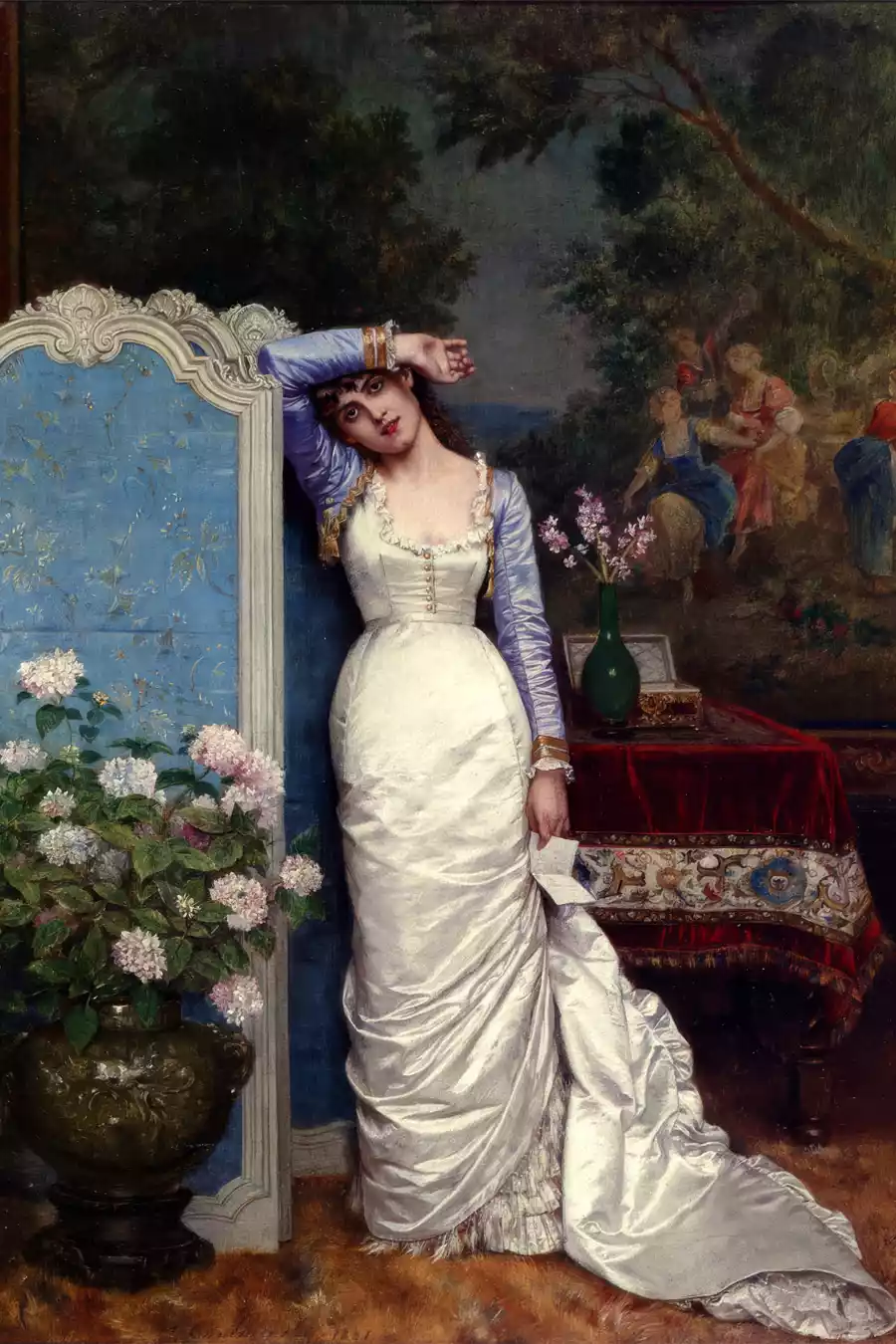 Kunstdruck von Junge Frau in einem Innenraum von Auguste Toulmouche