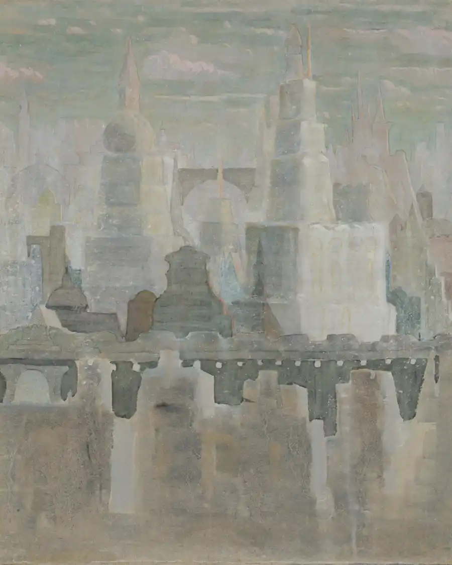 Surreale Stadtlandschaft mit hohen Strukturen und Pastellfarben