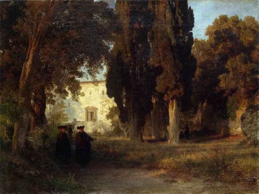 Klostergarten von Oswald Achenbach, romantische Landschaft