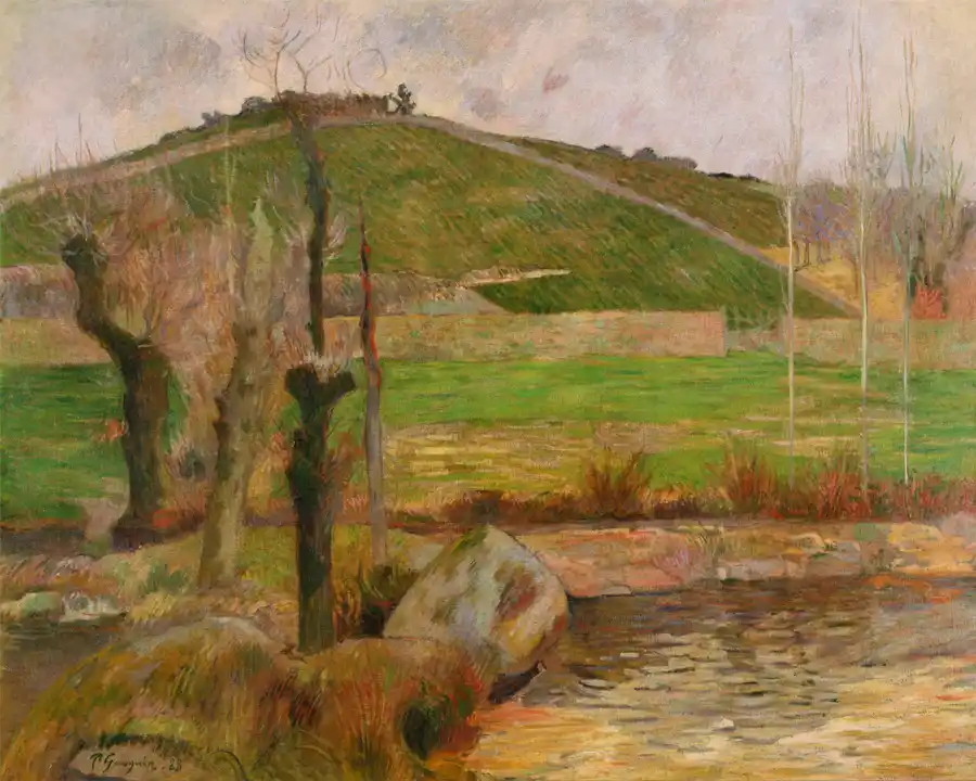 Landschaftsgemälde von Paul Gauguin mit Fluss und Hügeln.