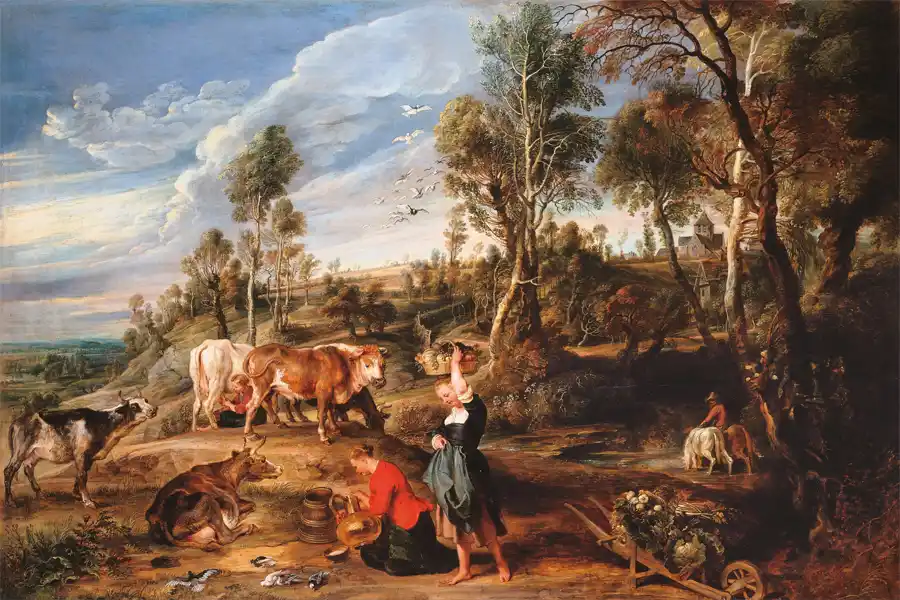 Kunstdruck von Milchmädchen mit Vieh in einer Landschaft von Peter Paul Rubens