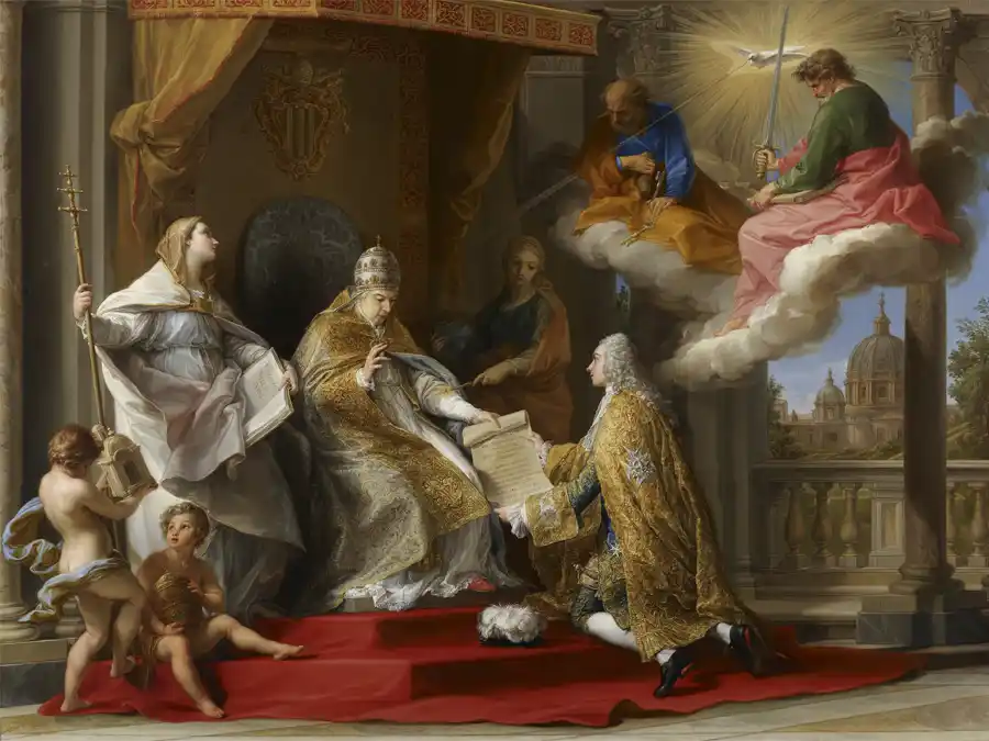 Reproduktion von Papst Benedikt XIV. überreicht die Enzyklika 'Ex Omnibus'