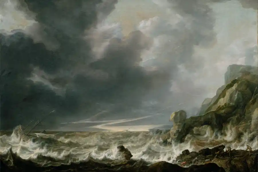 Schiff in Not vor einer felsigen Küste von Simon de Vlieger