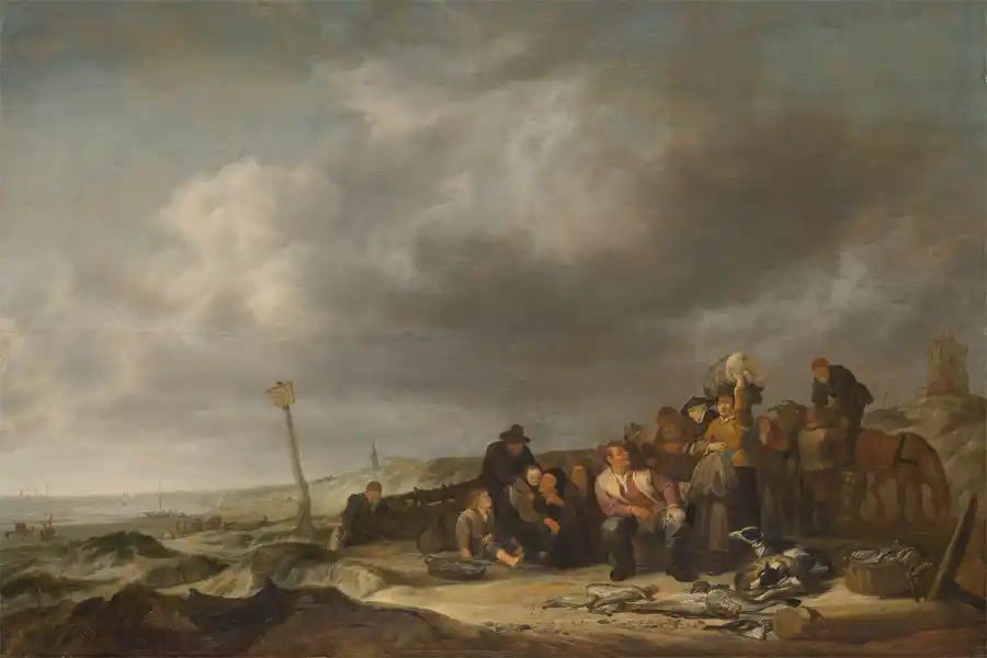 Kunstdruck von Strand mit Fischern von Simon de Vlieger