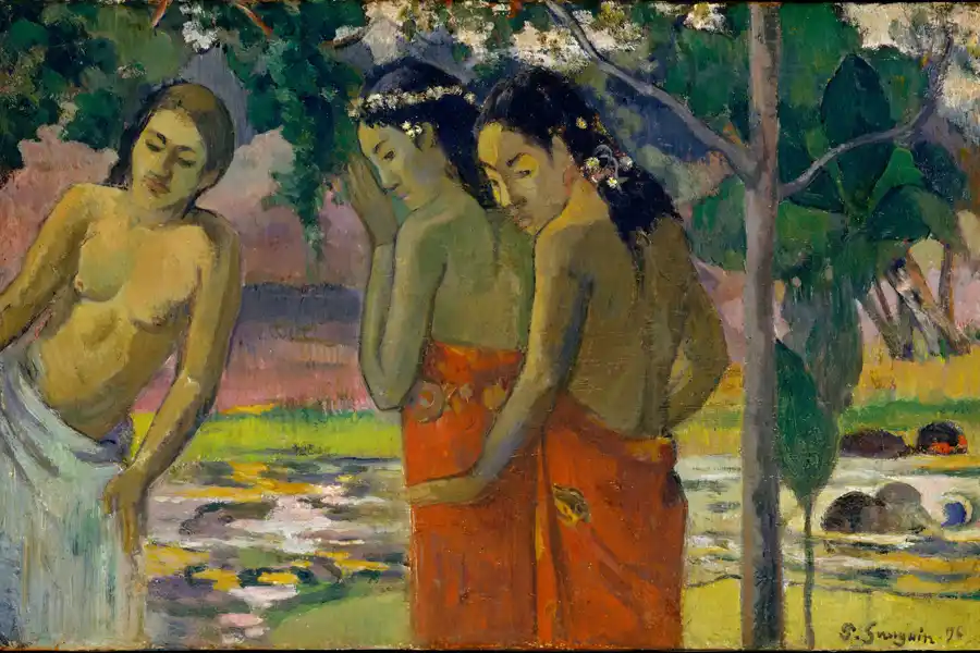 Drei tahitianische Frauen von Paul Gauguin, Kunstdruck auf Leinwand.