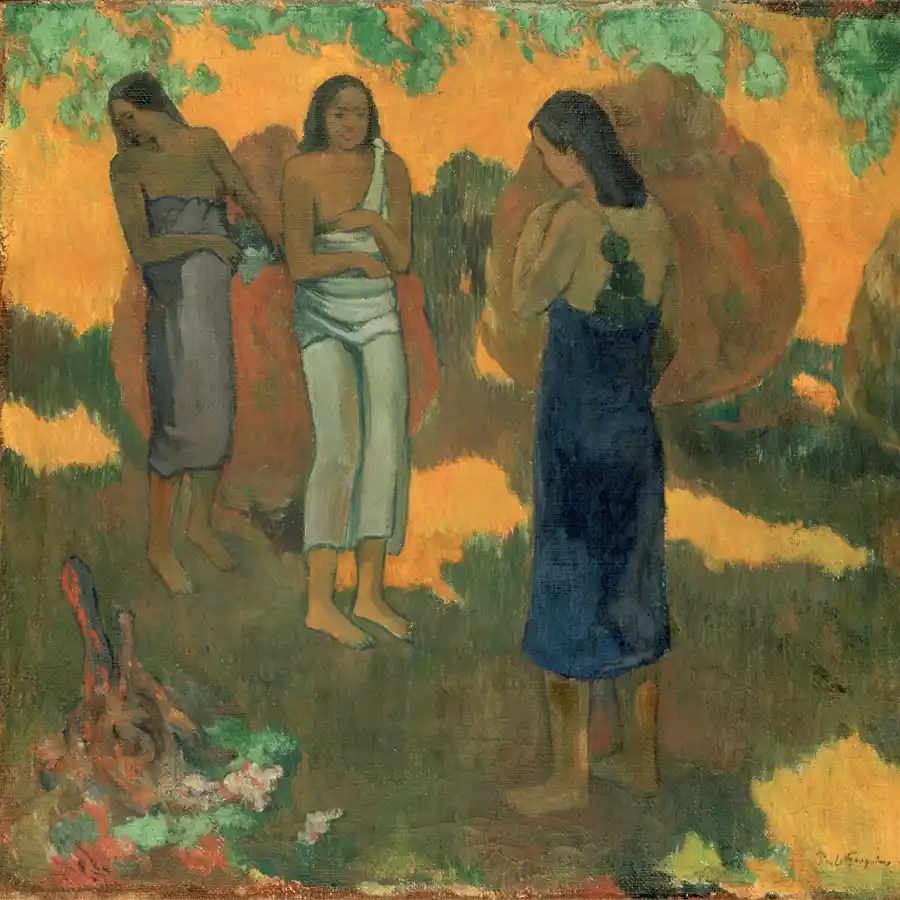 Drei tahitianische Frauen vor gelbem Hintergrund, Kunstwerk von Paul Gauguin