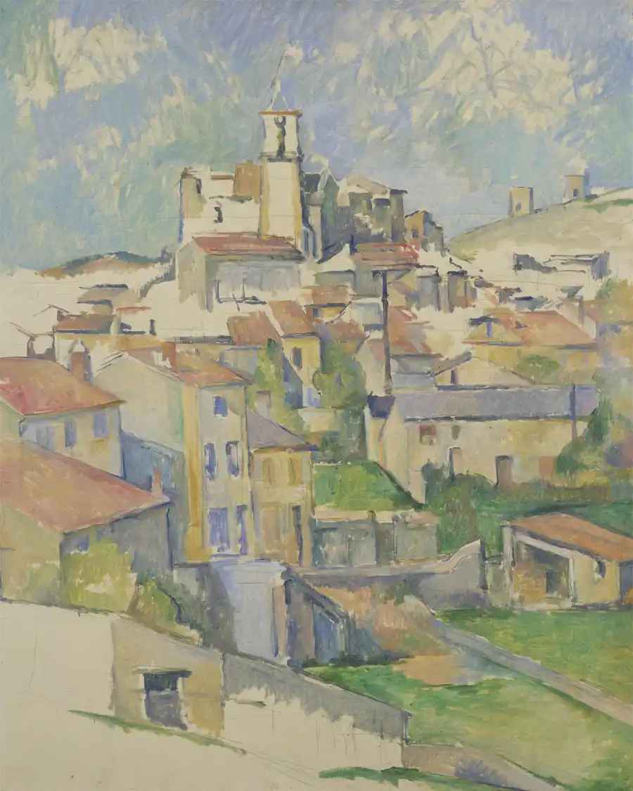 Obra de arte que representa un pueblo en la ladera, pintada por Paul Cézanne.