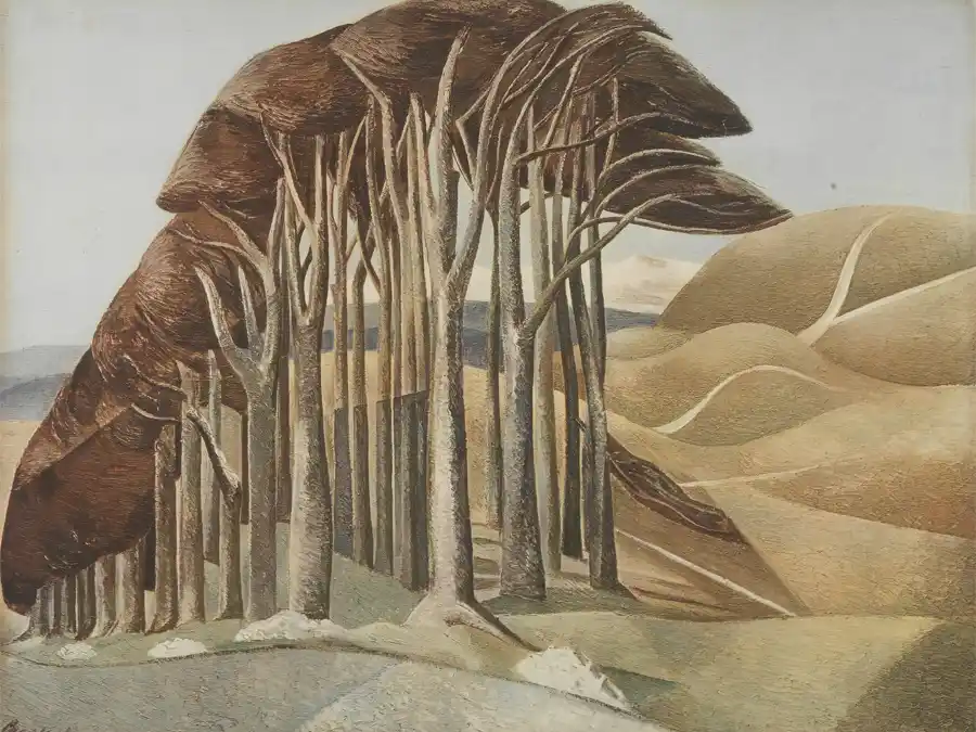 Madera en los Downs, paisaje surrealista de Paul Nash.