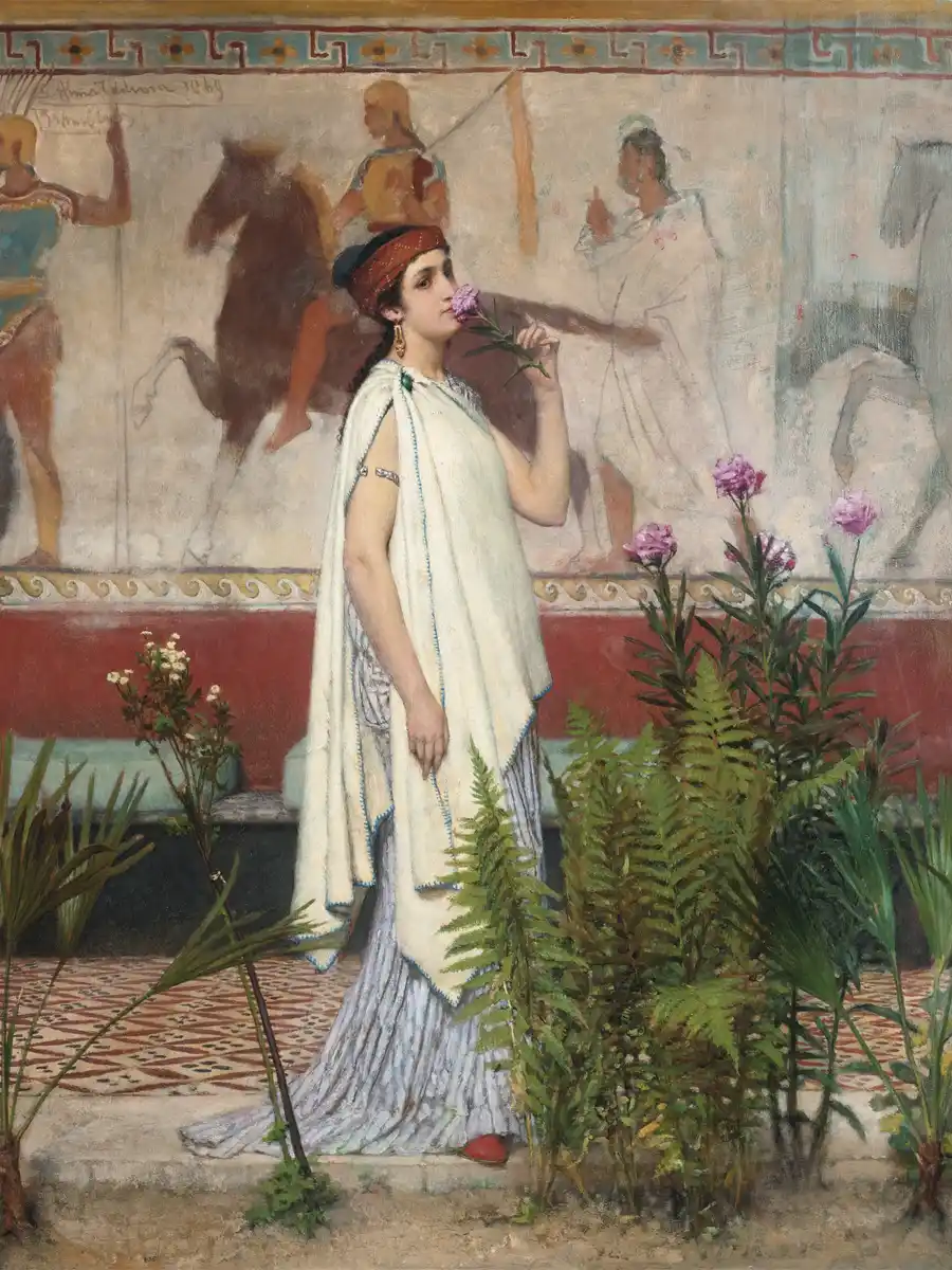 Reproducción de 'Una mujer griega' de Sir Lawrence Alma-Tadema.