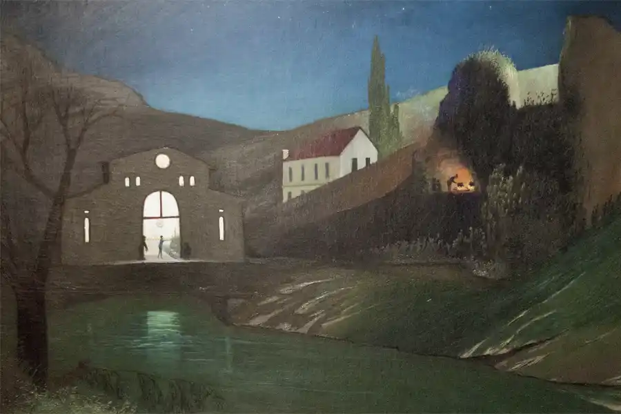Obra de arte que representa la Estación Eléctrica en Jajce de Noche.
