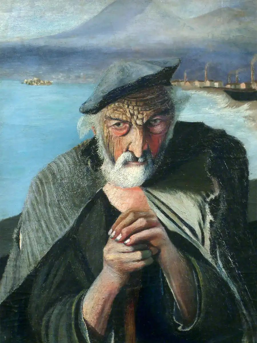 Retrato expresionista de un pescador anciano en un fondo sereno.