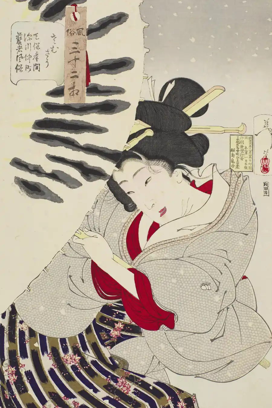 Geisha Fukagawa Nakamichi en un kimono decorado, obra de Tsukioka Yoshitoshi.