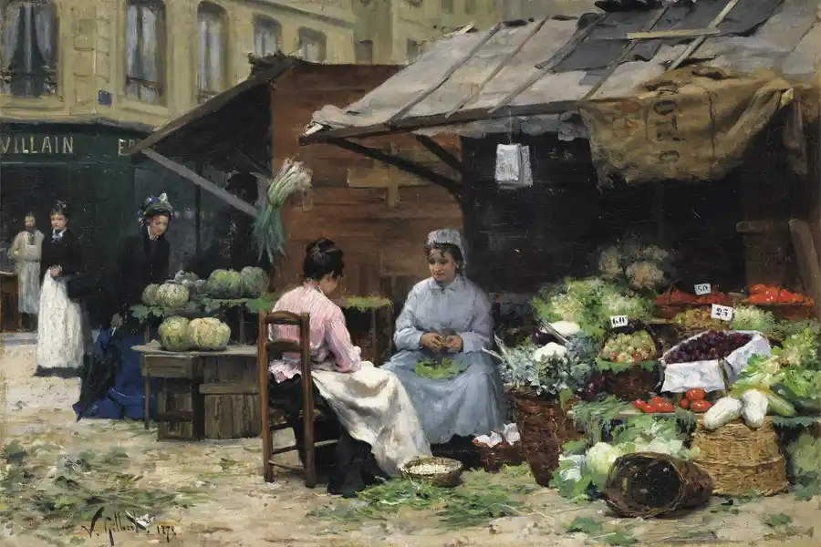 Jóvenes mujeres en un mercado europeo del siglo XIX, obra de Victor Gabriel Gilbert.