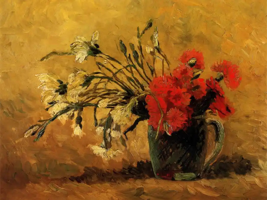 Jarrón con Claveles Rojos y Blancos sobre Fondo Amarillo de Vincent van Gogh.