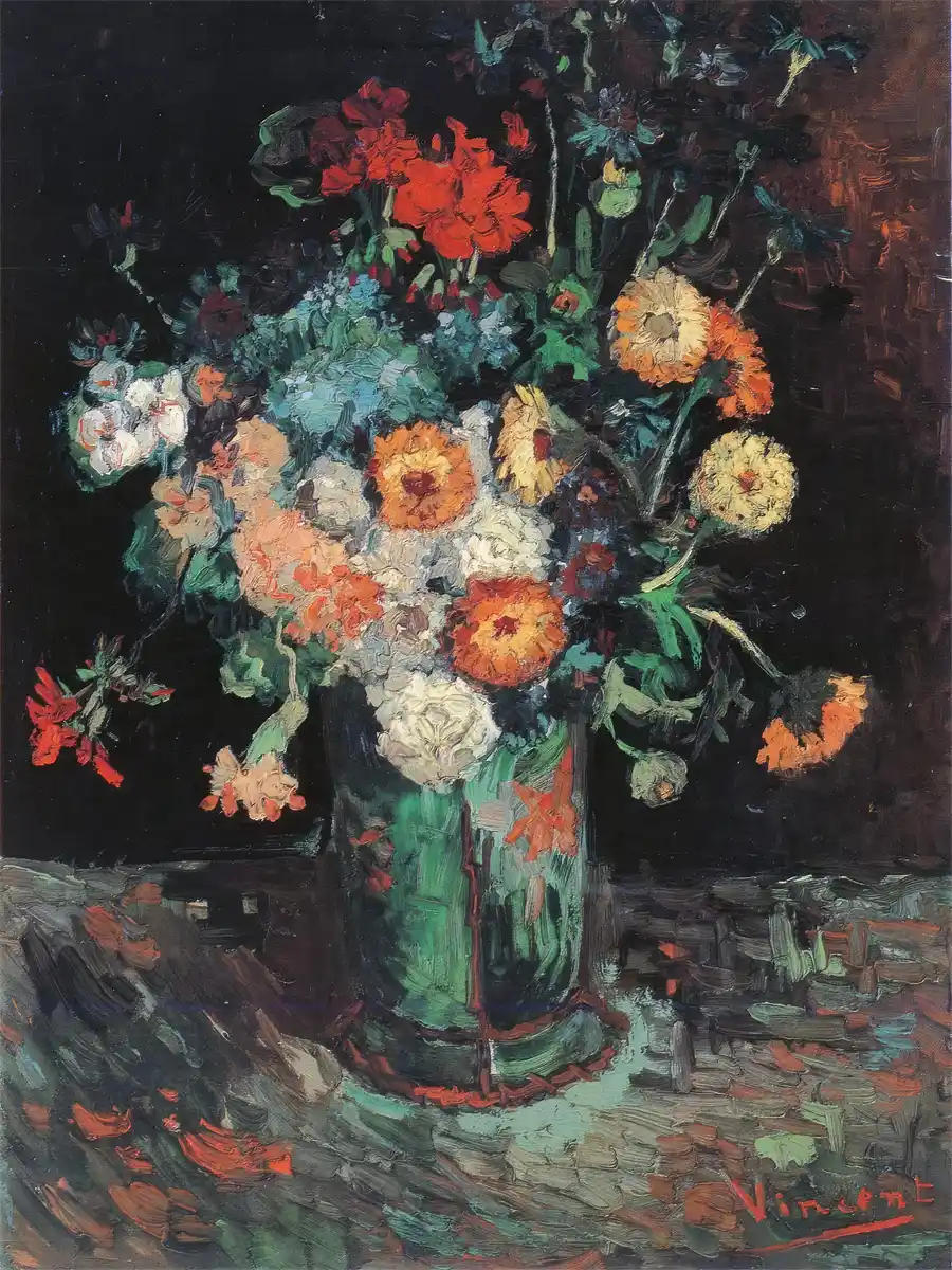 Reproducción del Jarrón con Zinnias y Geranios de Van Gogh.