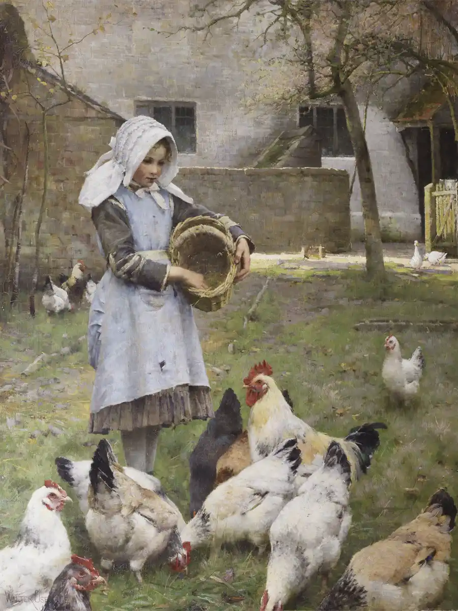 Cuadro de una joven alimentando gallinas en un paisaje otoñal.