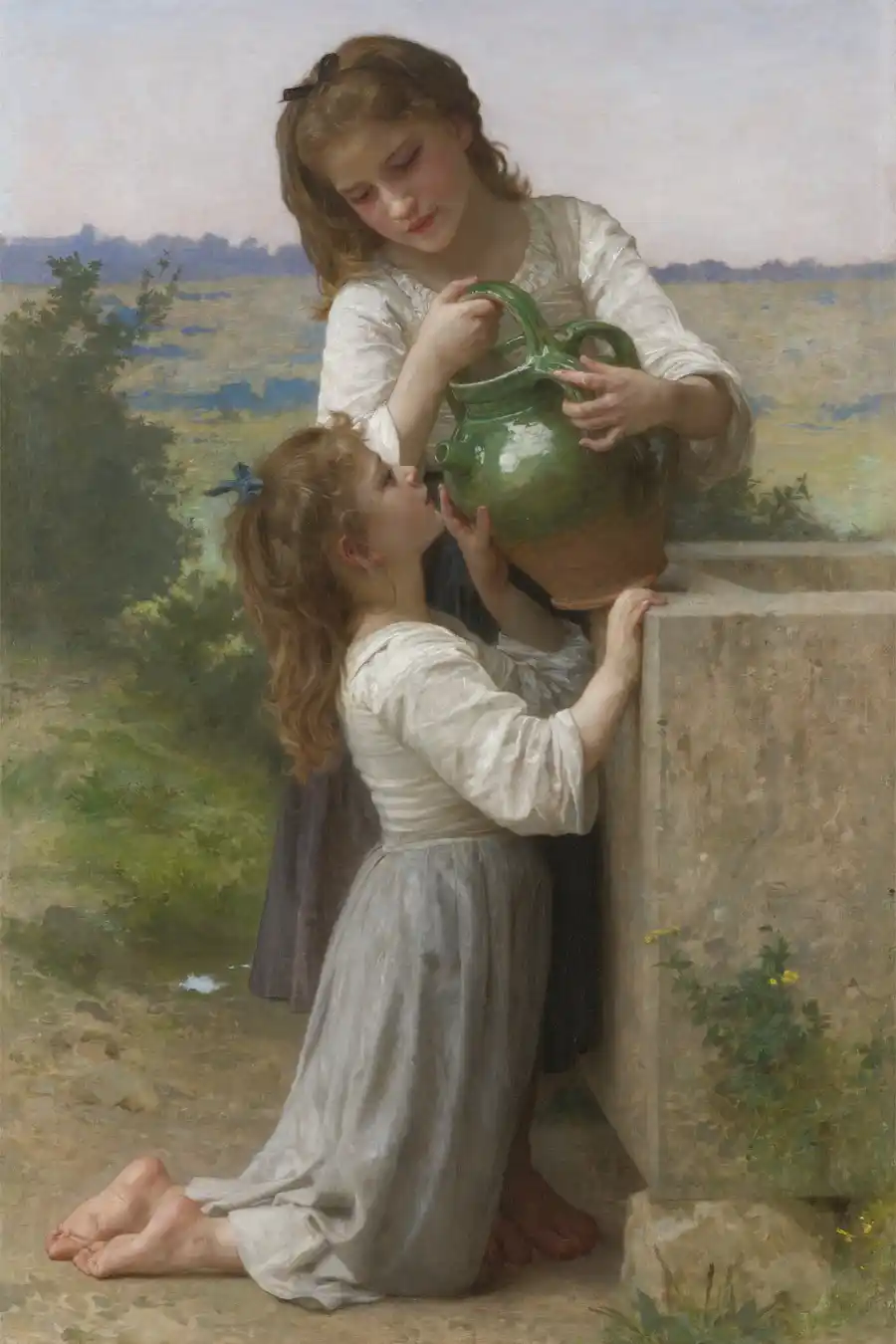 Cuadro de dos niñas en un entorno pastoral junto a una fuente.