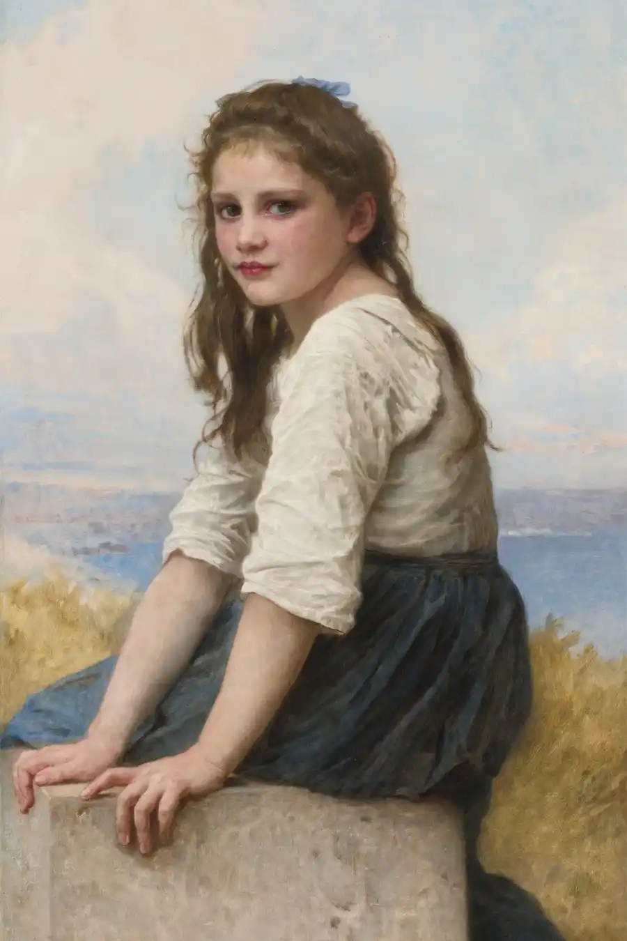 Obra 'En la Playa' de William-Adolphe Bouguereau, mostrando a una joven en un entorno sereno.