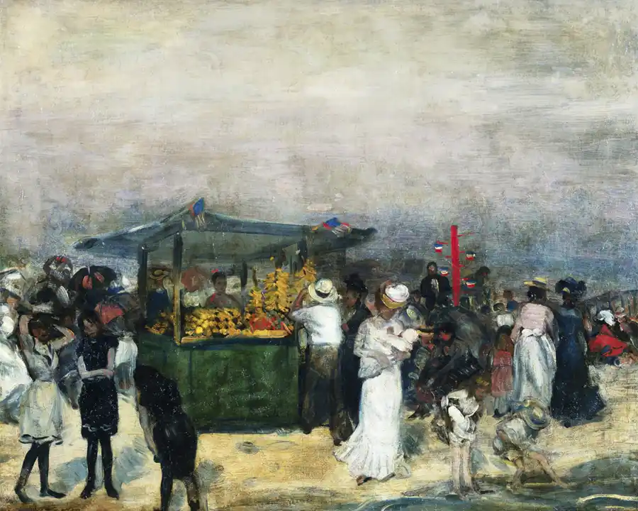 Puesto de frutas en Coney Island, pintura de William James Glackens.
