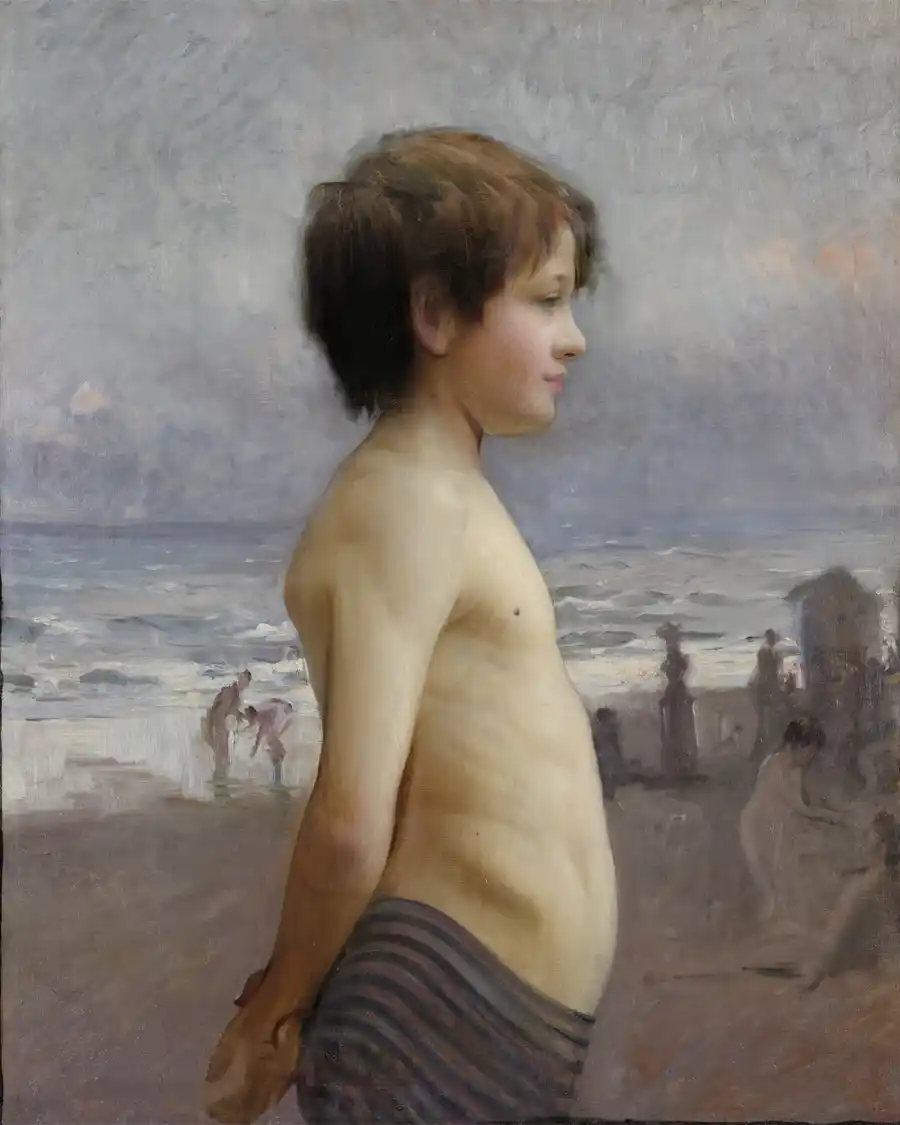 Pintura de un joven en la playa, obra de Jules Bastien-Lepage.