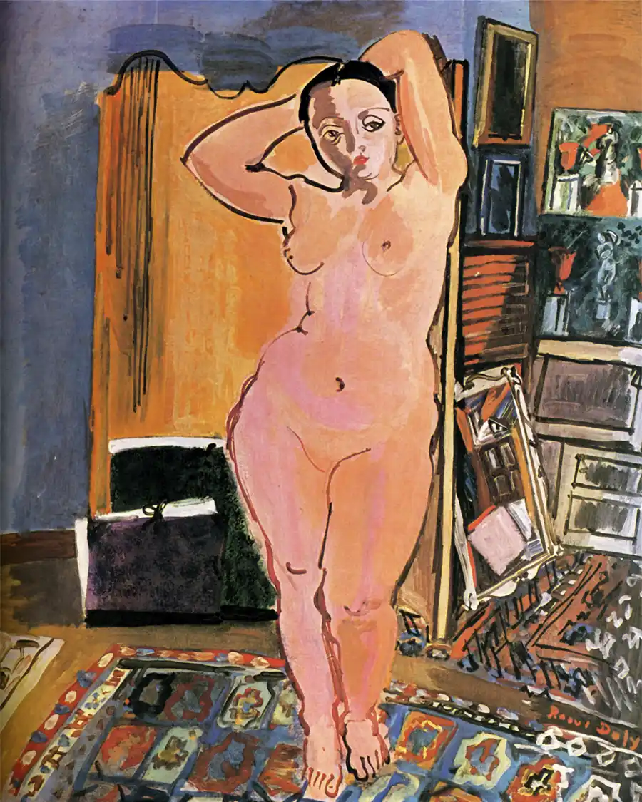Reproducción de la pintura Desnudo de Raoul Dufy, estilo postimpresionista con figura femenina en interior.