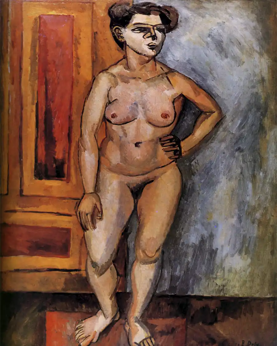 Reproducción de la pintura Desnudo de Raoul Dufy, estilo postimpresionista con figura femenina y fondo abstracto.