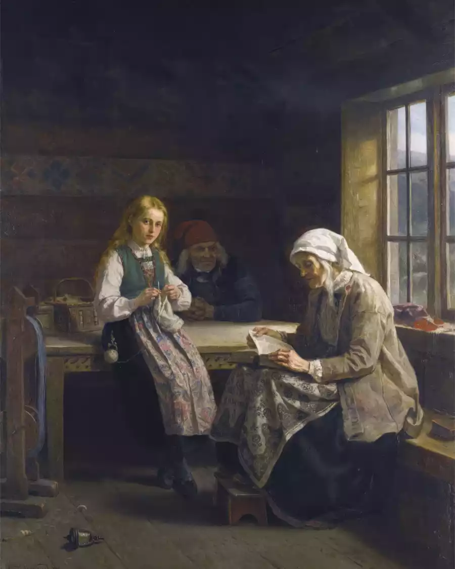 Un Intérieur Hardanger, Jeune Fille Tricotant - Adolph Tidemand