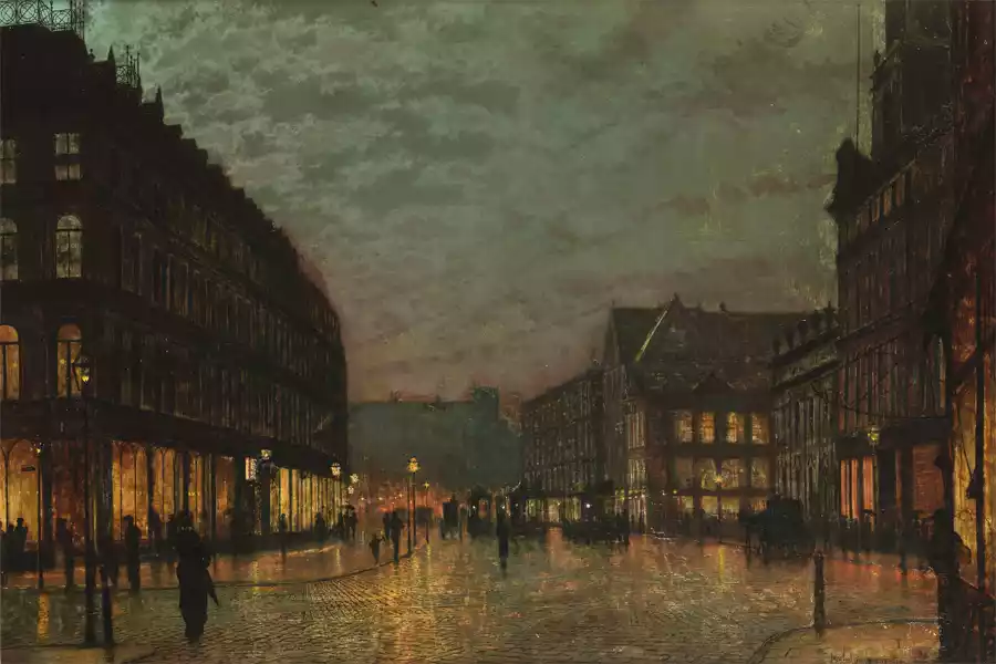 Reproduction de Boars Lane, Leeds à la lumière des lampadaires de John Atkinson Grimshaw.