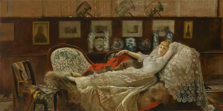 Rêves de Jour de John Atkinson Grimshaw, une jeune femme dans un intérieur élégant