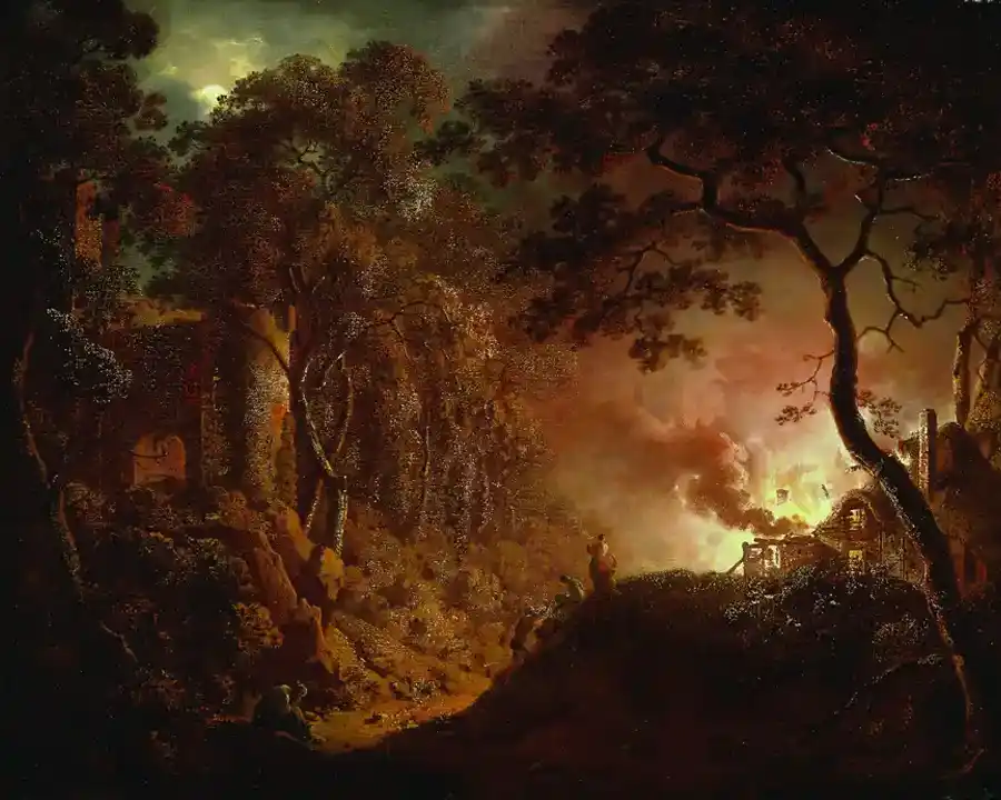 Peinture de Une Chaumière en Feu par Joseph Wright