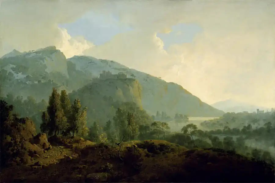 Reproduction d'un paysage italien avec montagnes et rivière