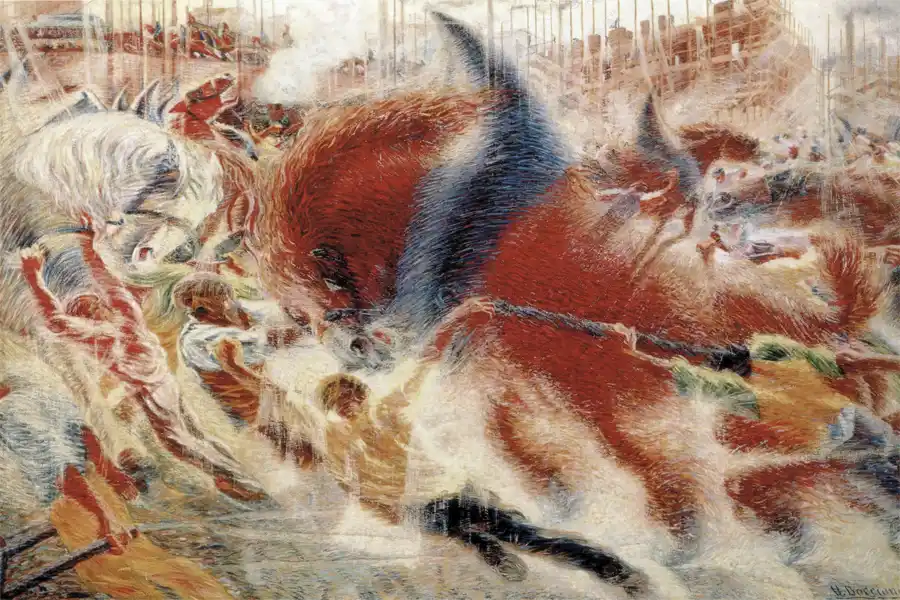 Reproduction de l'œuvre La Ville Émerge de Boccioni