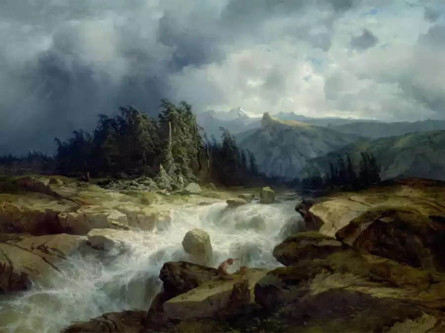 Dipinto romantico di un paesaggio con platani e un fiume.