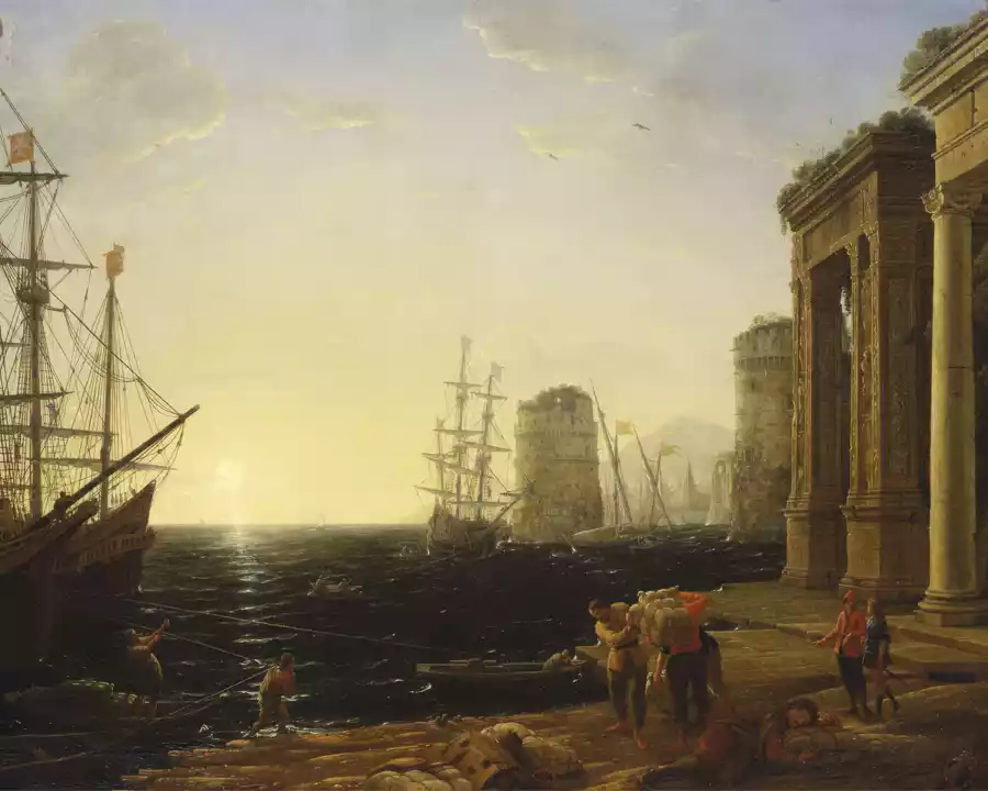 Riproduzione della Scena Portuale al Tramonto di Claude Lorrain.