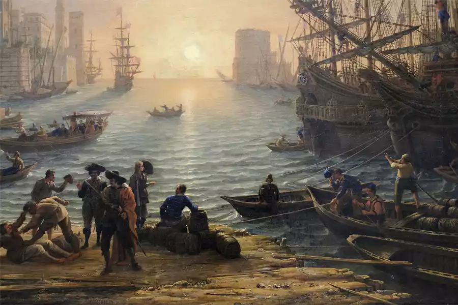 Riproduzione di Porto al Tramonto di Claude Lorrain.