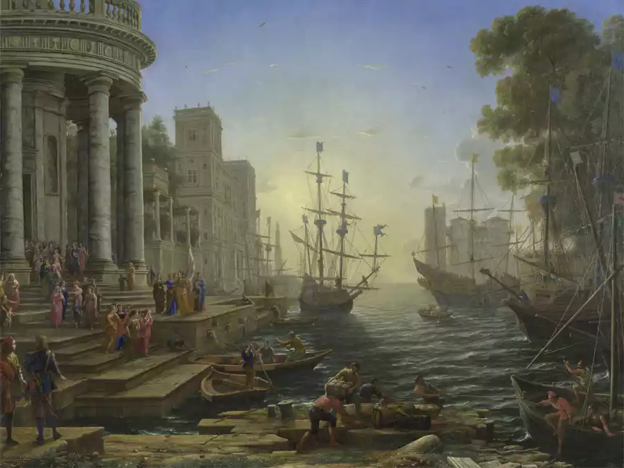 Riproduzione dell'opera Porto con l'Imbarco di Santa Orsola di Claude Lorrain.