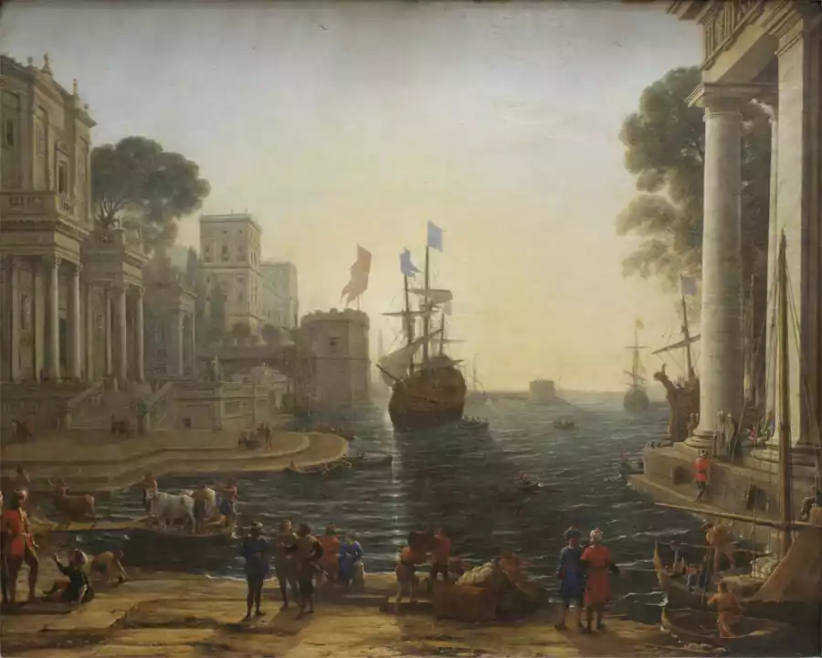 Riproduzione dell'opera 'Ulisse che restituisce Criseide a suo padre' di Claude Lorrain.