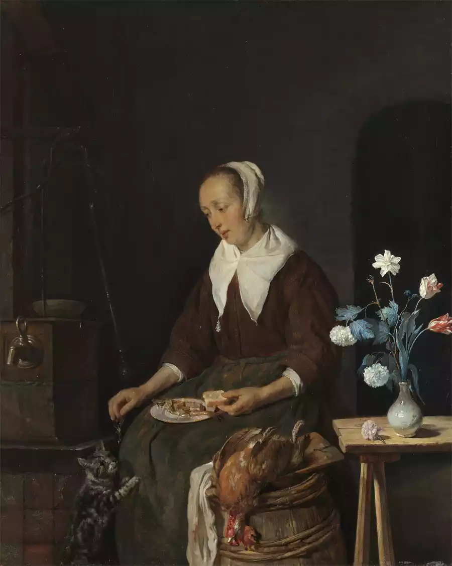 Riproduzione artistica di una donna che mangia, opera di Gabriel Metsu.