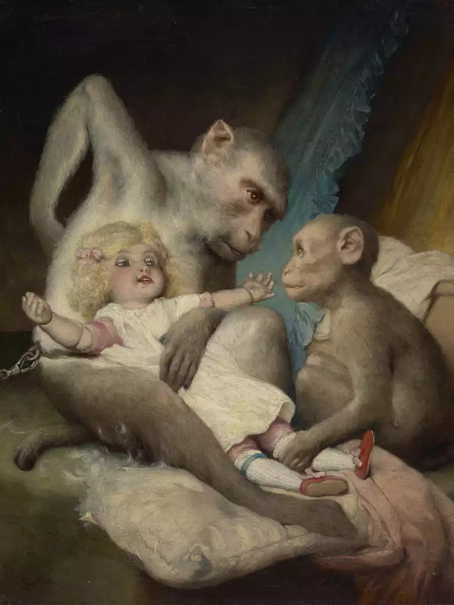 La Bambola delle Scimmie di Gabriel von Max, rappresentazione di una giovane ragazza e due scimmie.