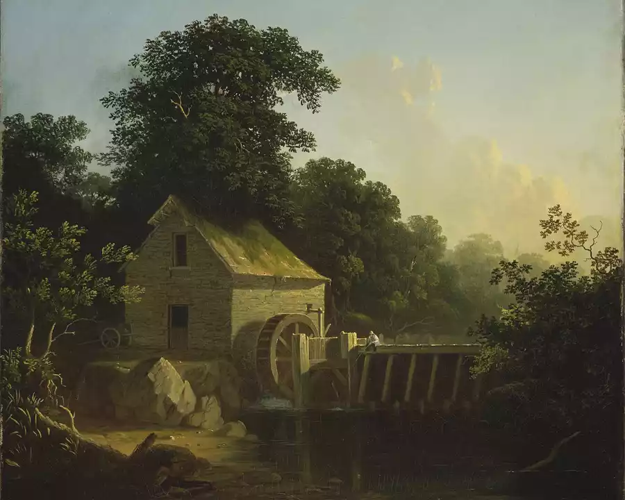 Paesaggio con Pescatore di George Caleb Bingham, un'opera romantica del XIX secolo.
