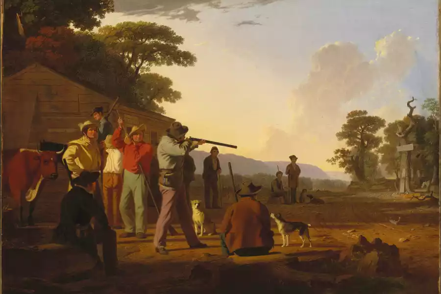 Riproduzione artistica di 'Caccia al Manzo' di George Caleb Bingham.
