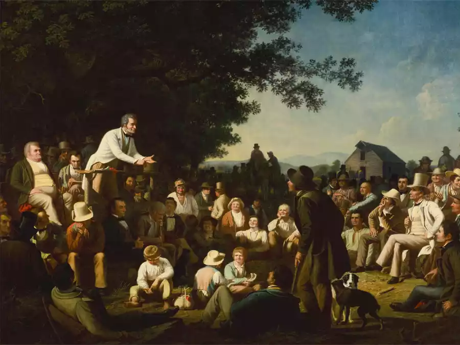 Riproduzione dell'opera 'Discorso sul ceppo' di George Caleb Bingham.