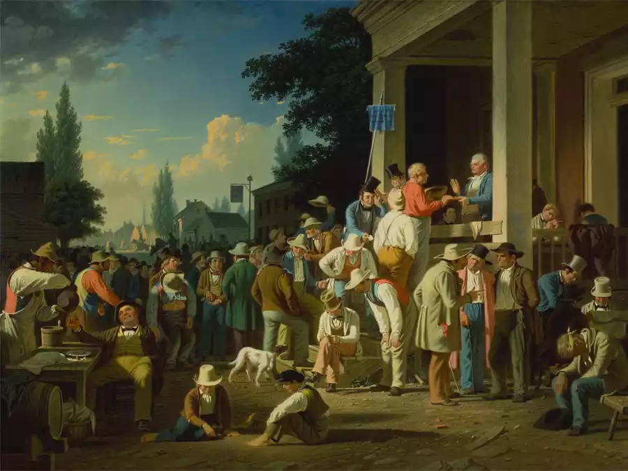 Riproduzione artistica de 'L'elezione della contea' di George Caleb Bingham su carta e tela.