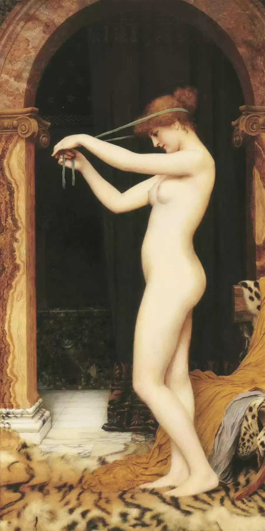 Dipinto neoclassico di Venere che si lega i capelli, realizzato da John William Godward.