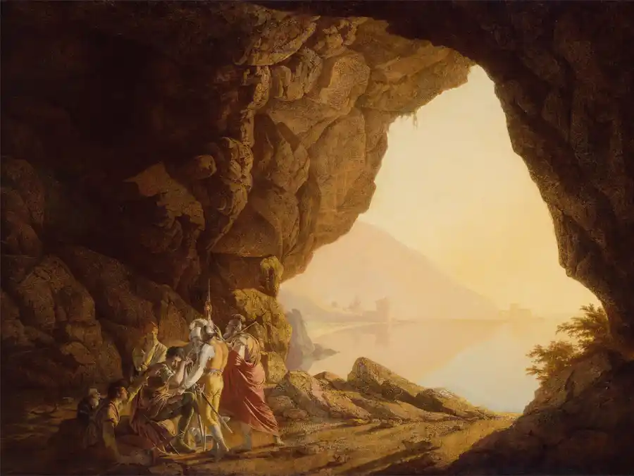 Riproduzione dell'opera 'Una Grotta nel Regno di Napoli con Banditi' di Joseph Wright