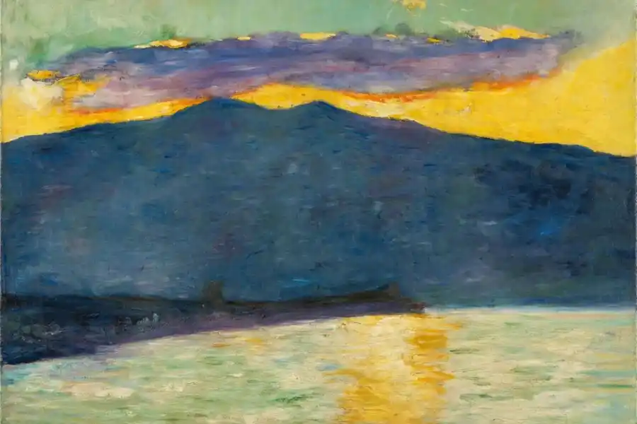 Dipinto di un tramonto sul lago italiano con montagne blu scuro.