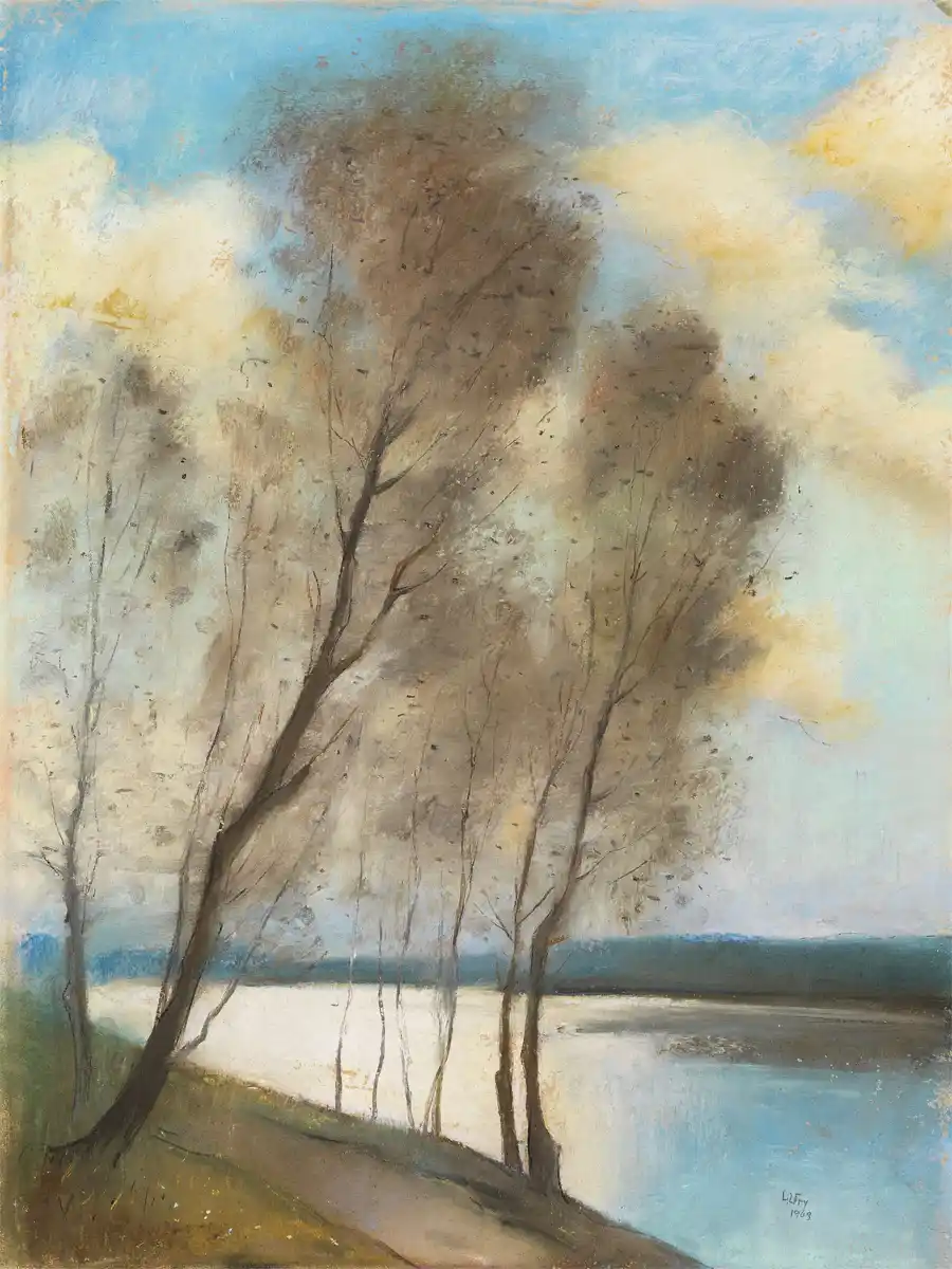 Rappresentazione di un lago tranquillo con alberi spogli.